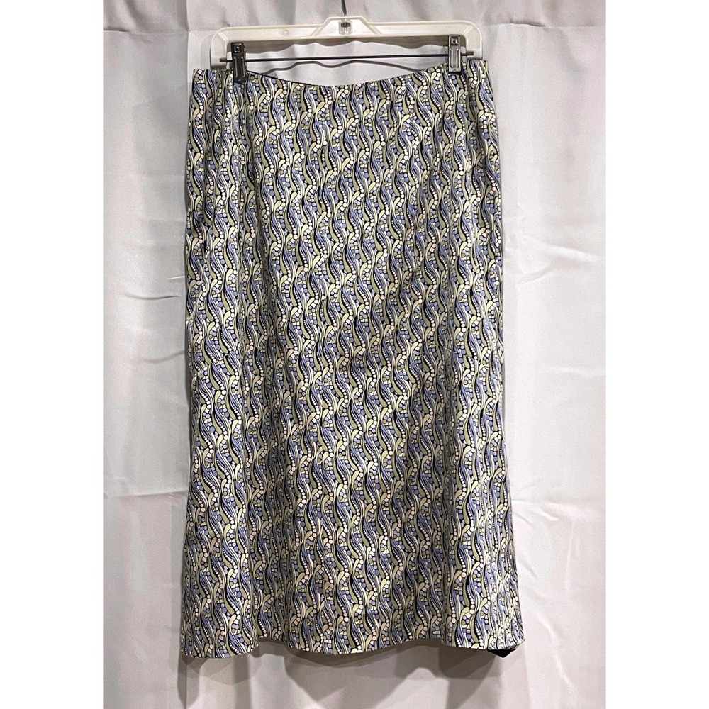 Talbots SILK Blend Midi Skirt Blue Green Geometric Psychedelic Print Size 12